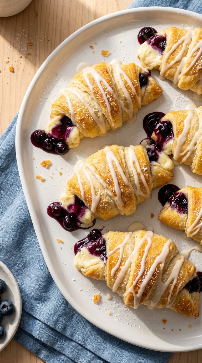 A platter of golden baked crescent rolls filled with cream cheese and blueberries, drizzled with vanilla icing.
