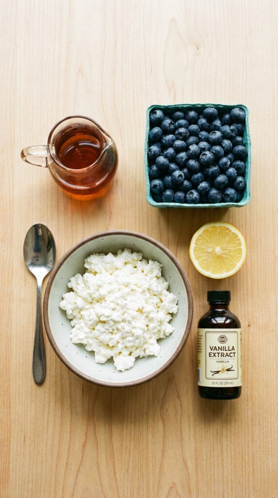 A flat lay showing a bowl of cottage cheese, fresh blueberries, maple syrup, lemon, and vanilla extract on a wooden board.