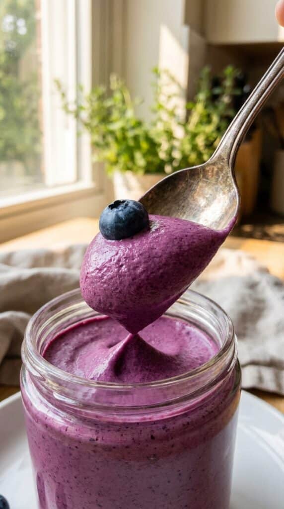 A close-up of a spoon lifting a thick, smooth bite of purple blueberry mousse with a fresh berry on top.