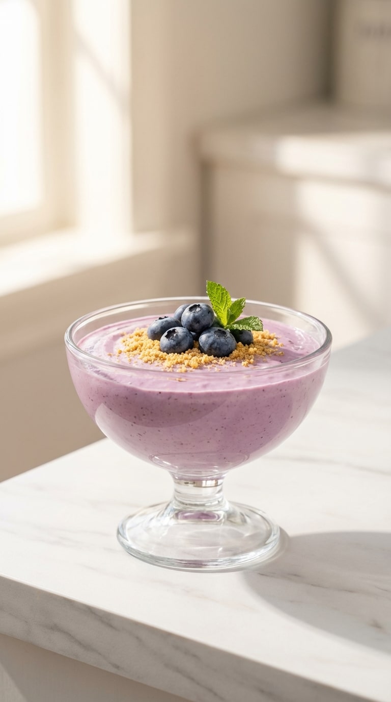 A glass bowl filled with smooth purple blueberry mousse topped with fresh berries and graham cracker crumbs on a marble counter.