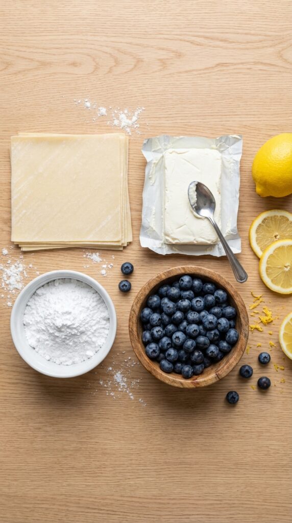 A flat lay showing egg roll wrappers, fresh blueberries, cream cheese, powdered sugar, and a lemon on a wooden board.