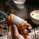 A hand holding a crispy blueberry egg roll while powdered sugar is being dusted over the top like snow.