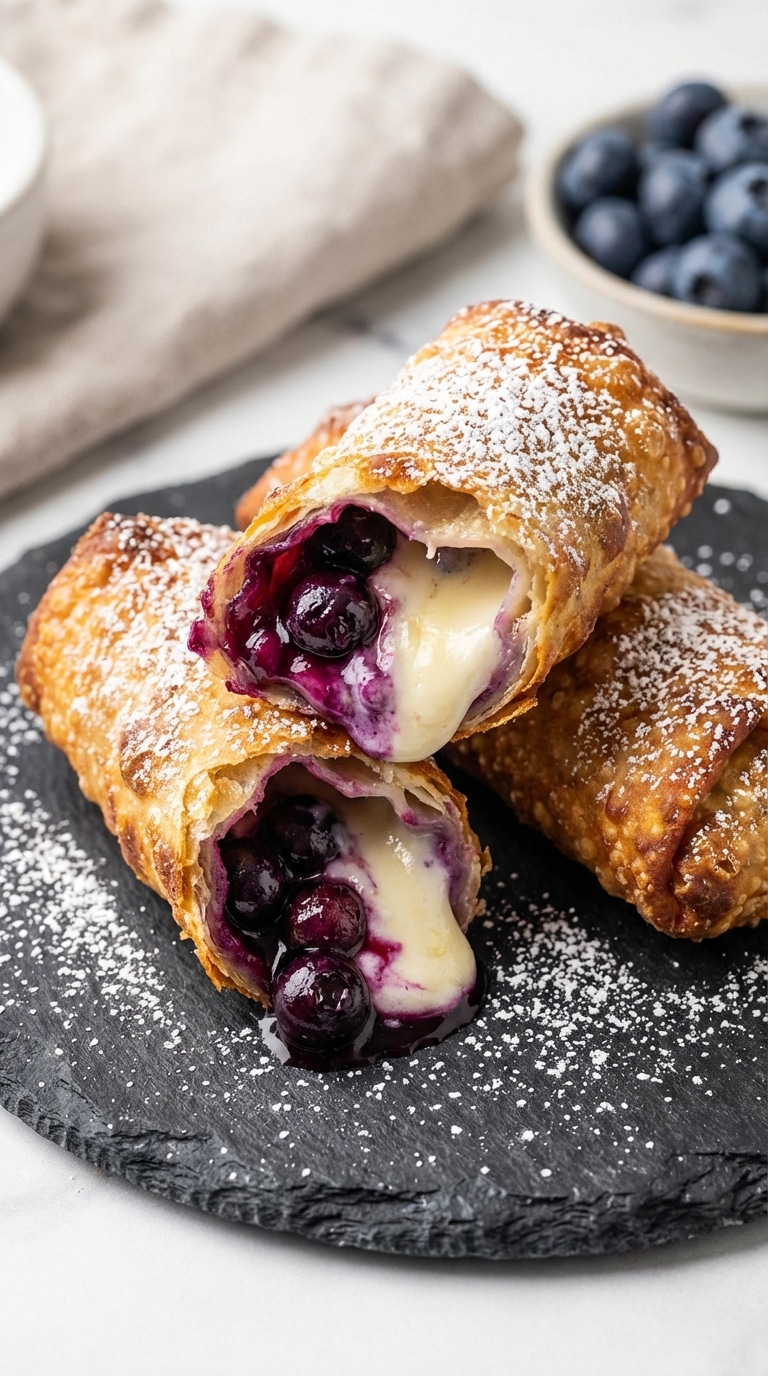 A close-up of crispy golden egg rolls cut in half, showing a warm, gooey cream cheese and blueberry filling, dusted with powdered sugar.