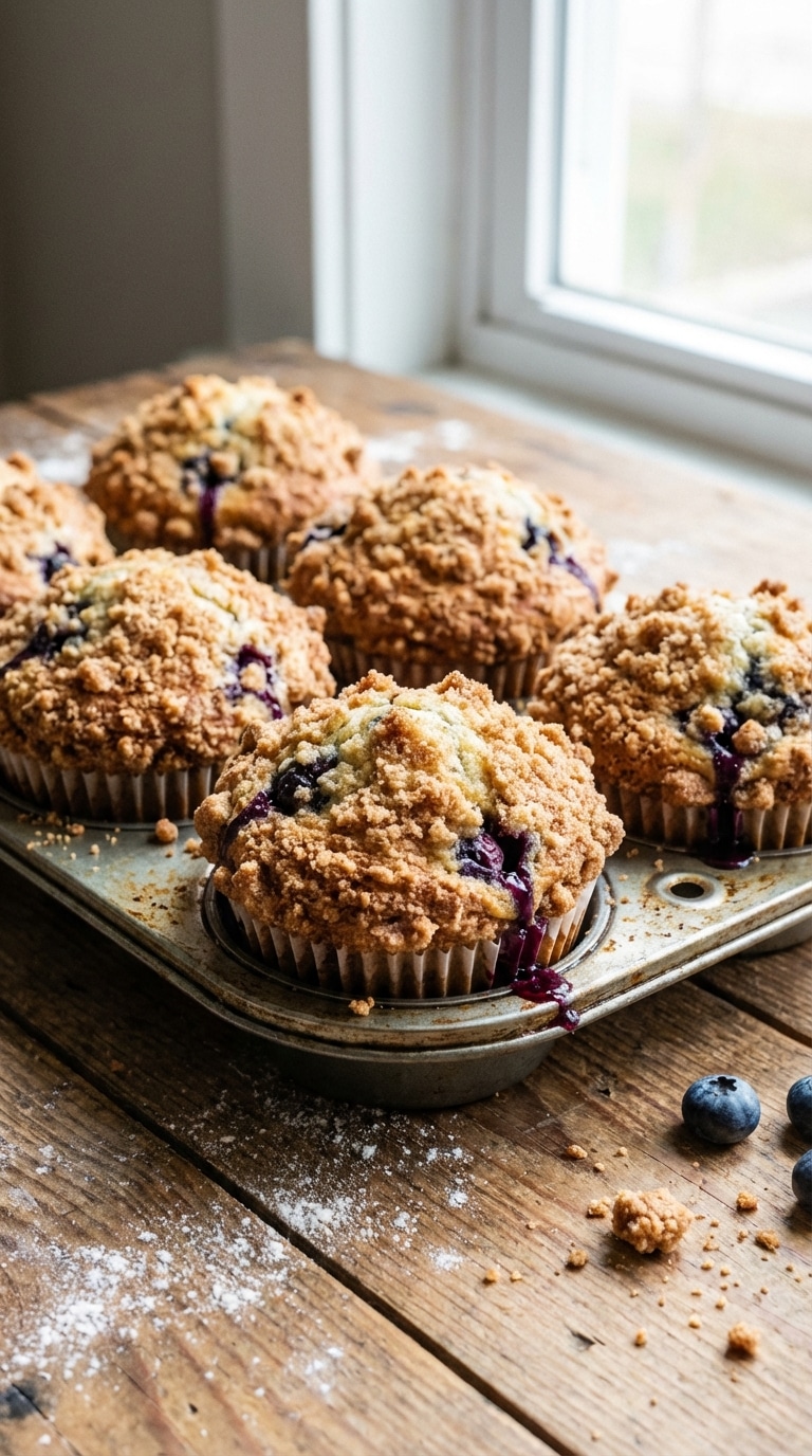 A close-up of tall, freshly baked blueberry muffins with a thick streusel crumb topping in a metal muffin tin.