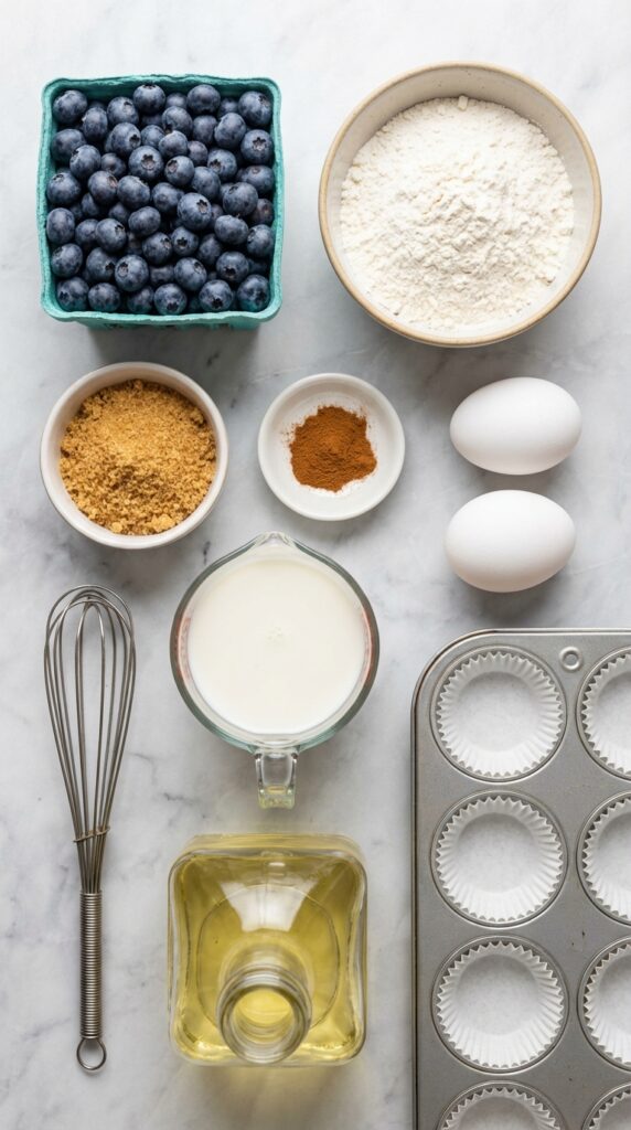 A flat lay showing fresh blueberries, flour, brown sugar, eggs, milk, and a lined muffin tin on a marble surface.