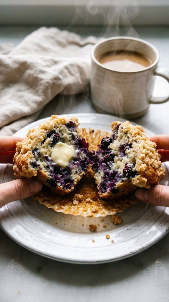 A close-up of a warm blueberry streusel muffin split in half with melting butter and bursting berries, next to a cup of coffee.