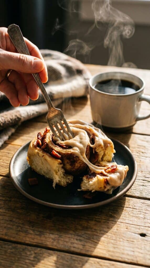 A close-up of a fork pulling apart the soft, steaming center of a bacon cinnamon roll covered in melting frosting.