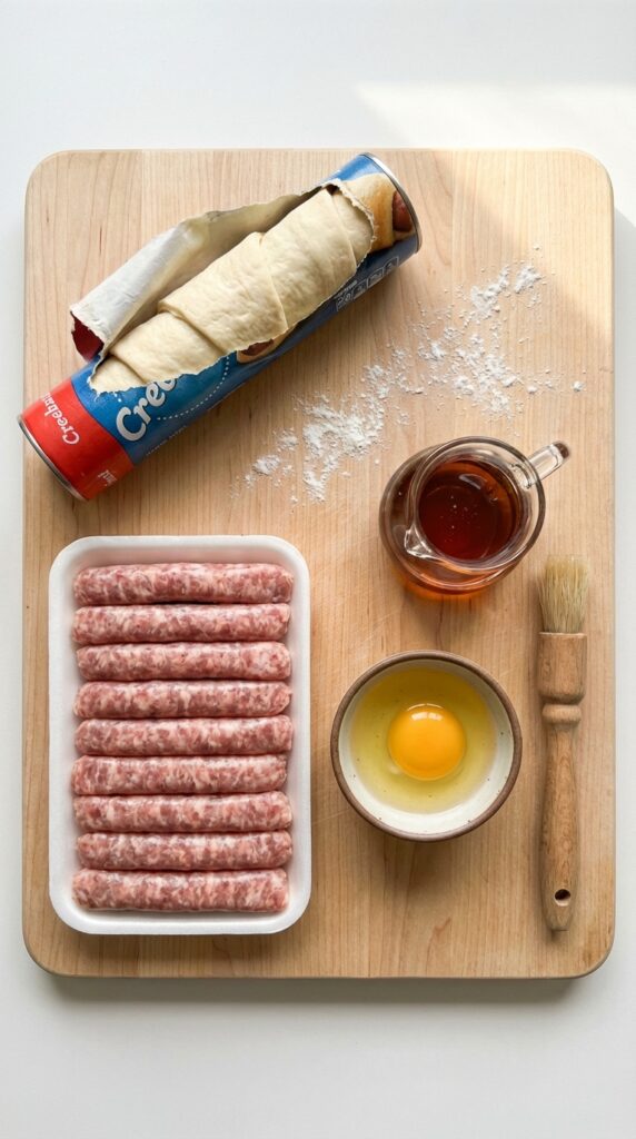 A flat lay showing crescent roll dough, breakfast sausages, maple syrup, an egg, and a pastry brush on a wooden board