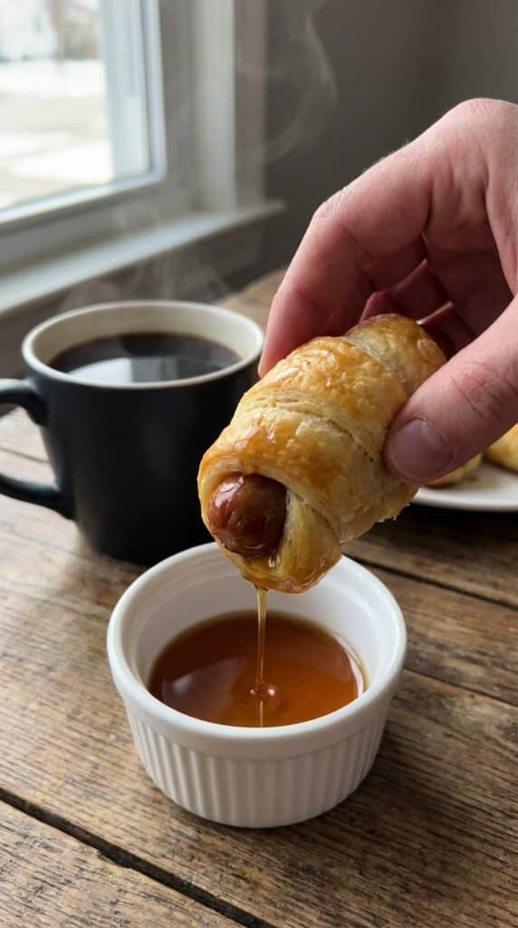 A close-up of a hand dipping a flaky sausage-stuffed crescent roll into a small bowl of maple syrup.