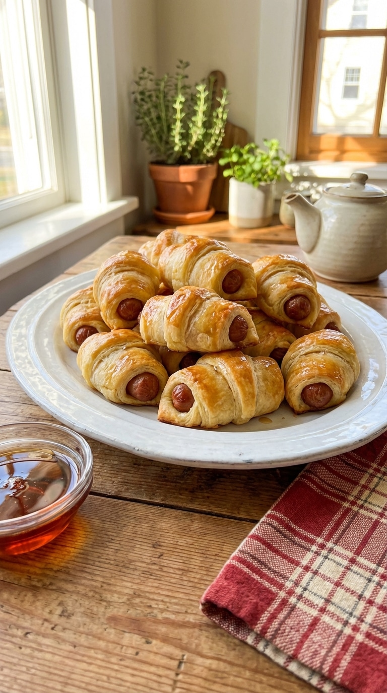 A plate piled high with golden brown breakfast pigs in a blanket next to a small bowl of maple syrup.