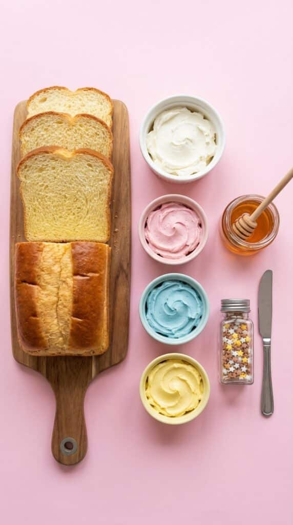 A flat lay showing plain toast, small bowls of pink, blue, and yellow cream cheese, honey, and sprinkles on a pink background.