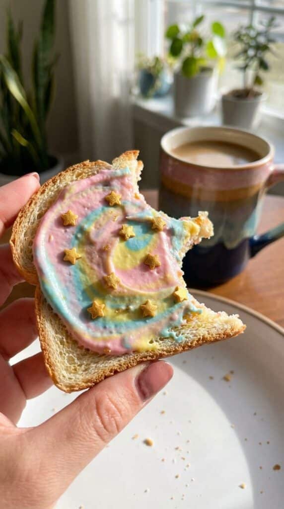 A close-up of a hand holding a piece of half-eaten rainbow unicorn toast with bright window light in the background.