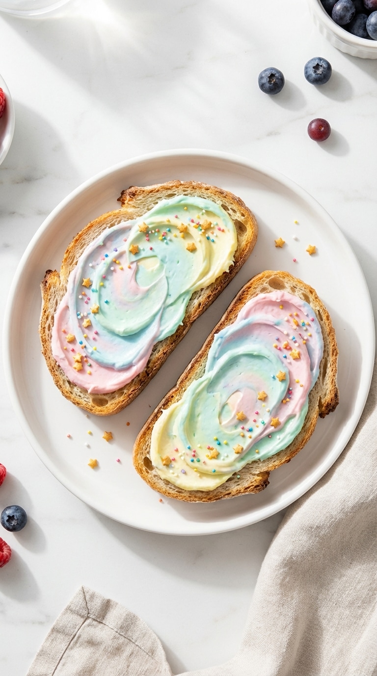 A top-down view of two slices of toast covered in pastel rainbow swirled cream cheese and star sprinkles.