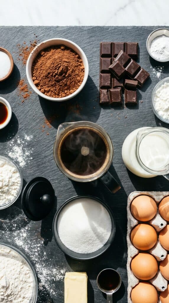 A flat lay showing cocoa powder, chopped dark chocolate, coffee, buttermilk, eggs, and sugar on a dark slate board.
