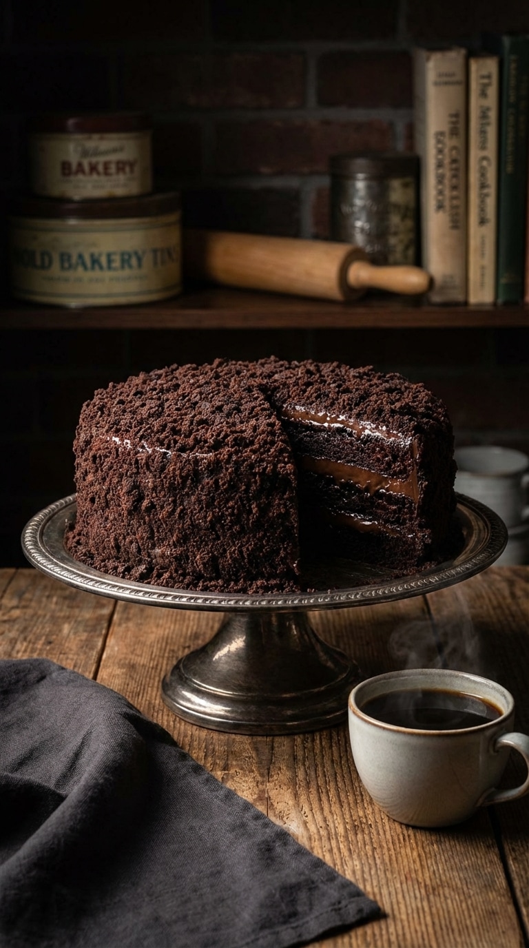 A whole Brooklyn Blackout Cake completely covered in dark chocolate crumbs with a slice missing to show pudding layers, set against a moody background.