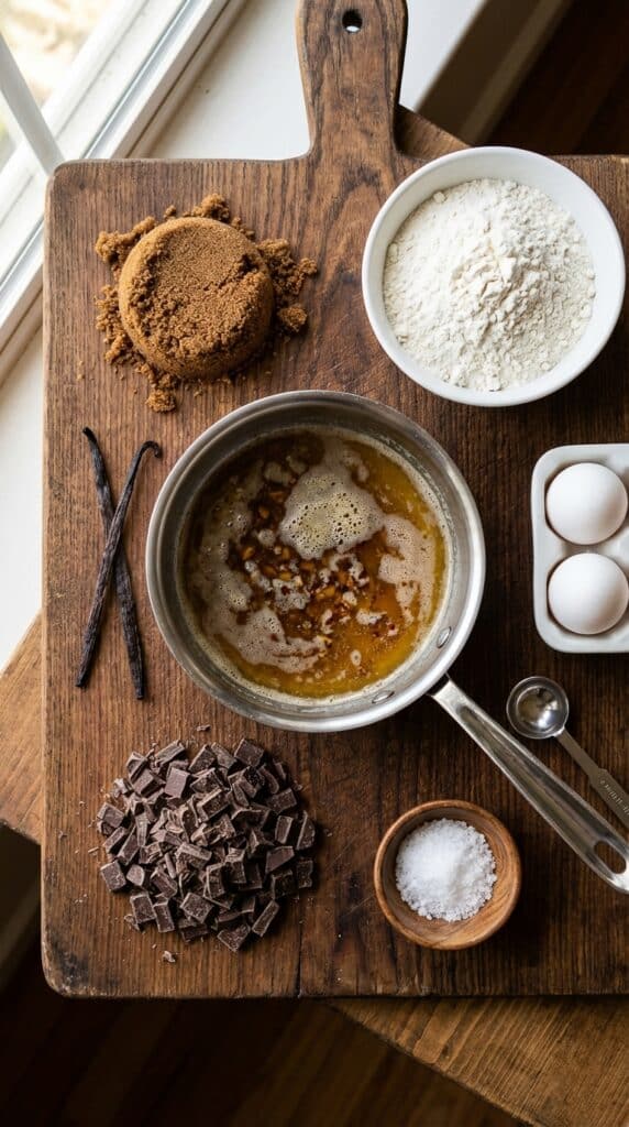 A flat lay showing a saucepan of melted brown butter, dark brown sugar, chopped chocolate chunks, eggs, flour, and flaky salt on a wooden board.