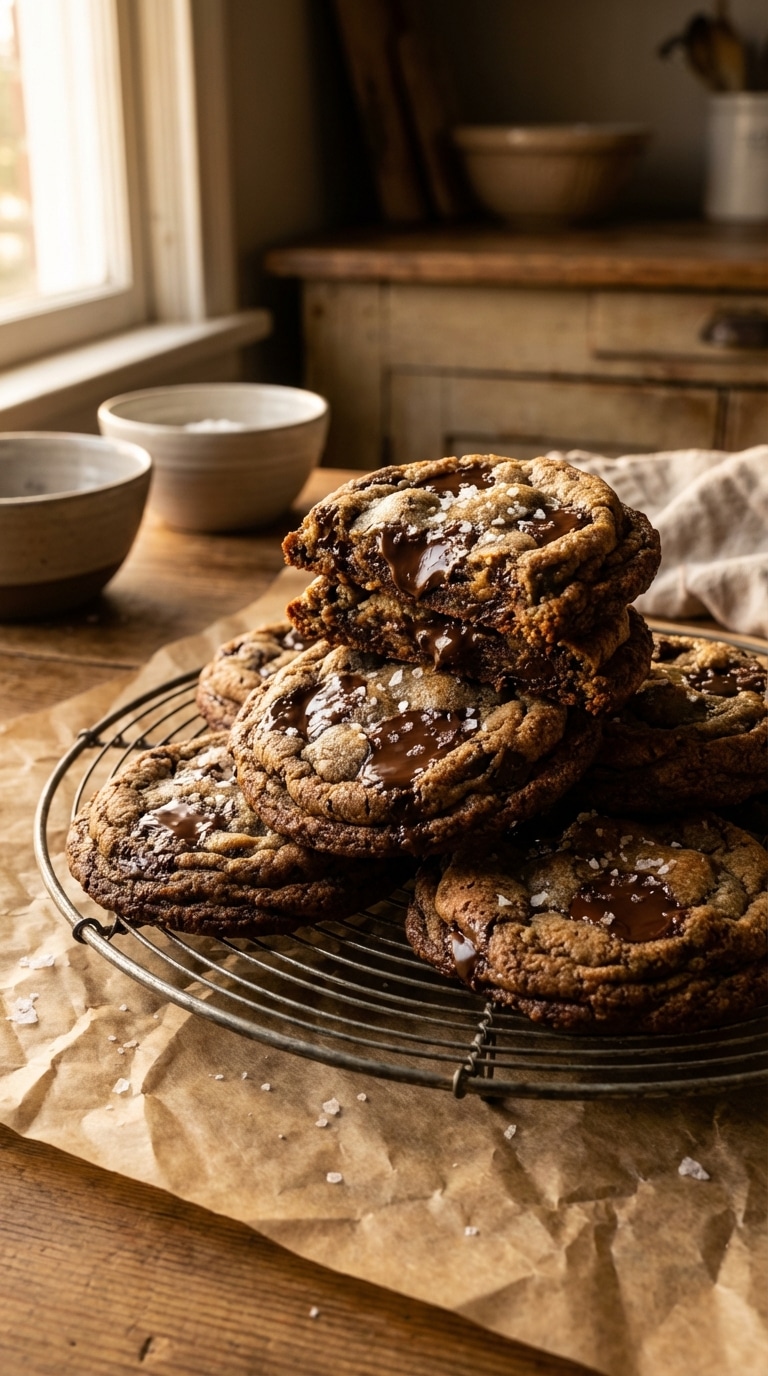 A stack of thick, golden-brown chocolate chip cookies with melted chocolate pools and flaky sea salt on a wire rack.