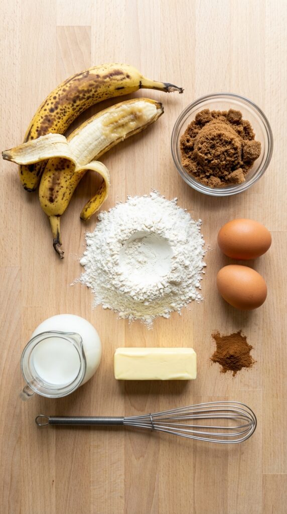 A flat lay showing spotty bananas, dark brown sugar, flour, eggs, milk, butter, and cinnamon on a wooden board.