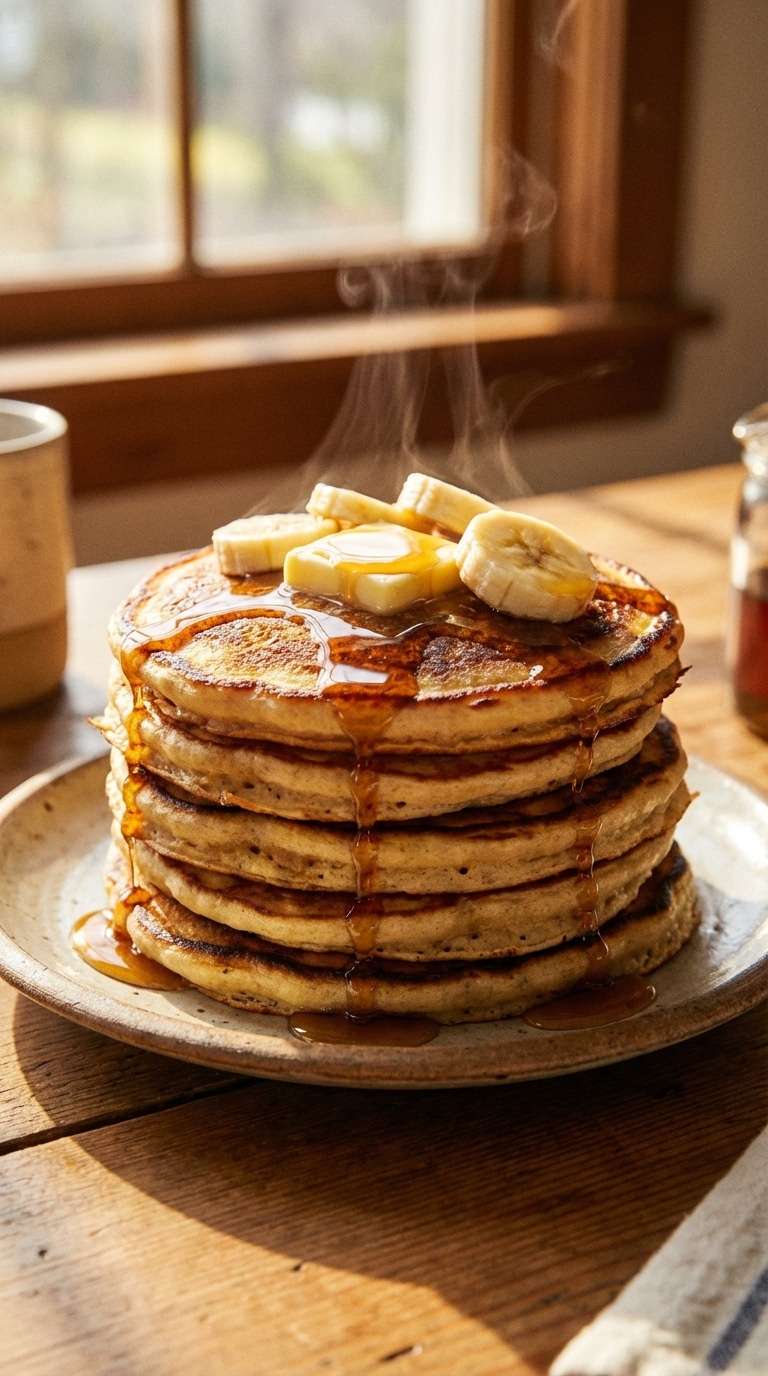 A tall stack of fluffy banana pancakes topped with melting butter, sliced bananas, and dripping maple syrup on a rustic plate.