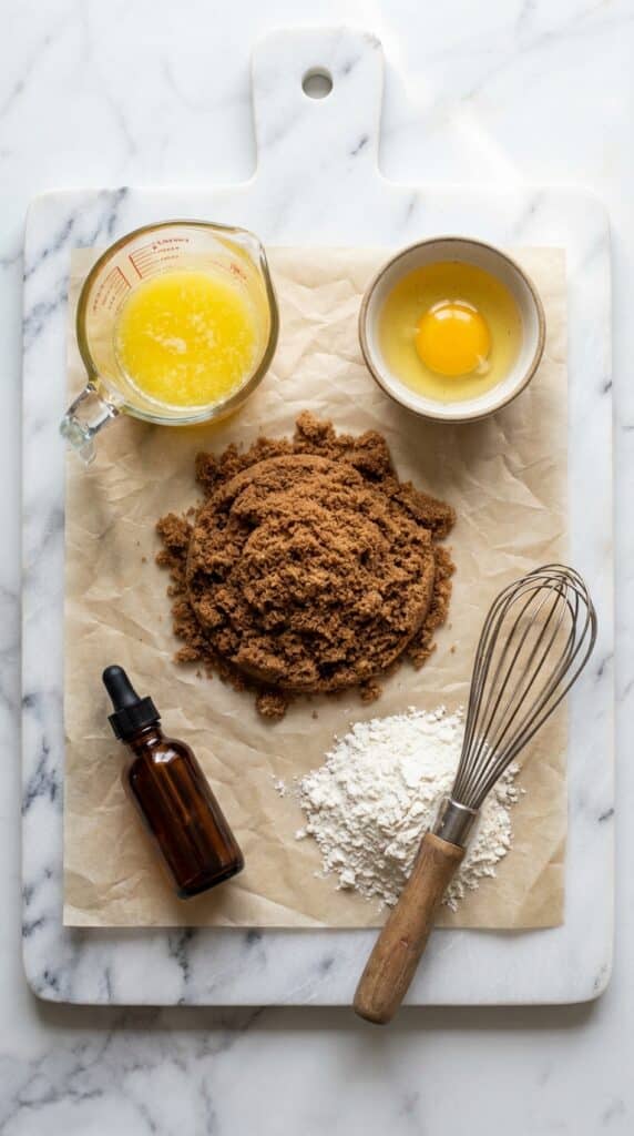 An overhead flat lay of baking ingredients featuring a large mound of dark brown sugar, melted butter, an egg, vanilla, and flour on a marble counter.