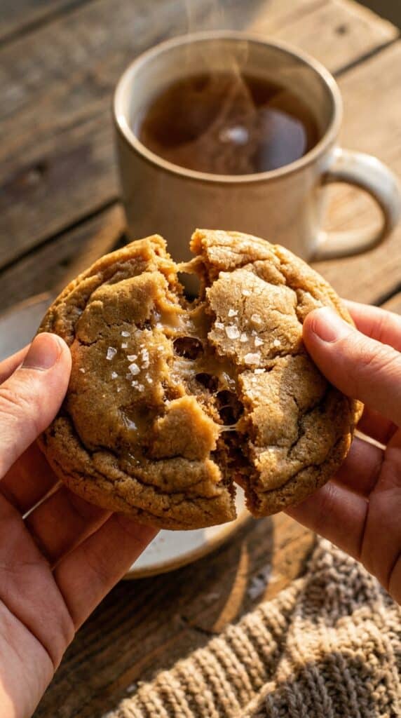 A close-up of hands pulling apart a warm, chewy brown sugar cookie, showing a soft, dense center topped with flaky sea salt.