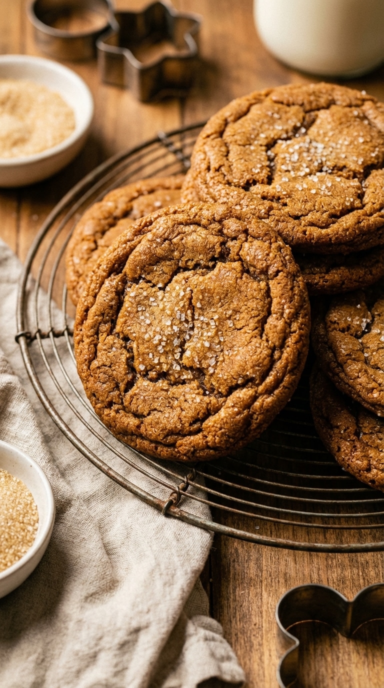 A stack of soft, golden-brown sugar cookies with crinkly tops resting on a wire cooling rack.