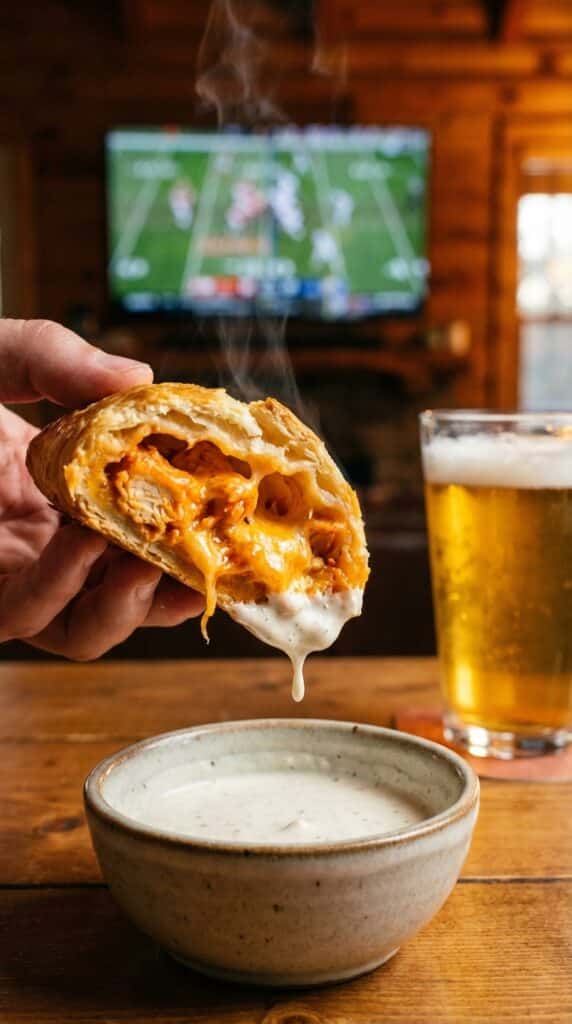 A close-up of a hand dipping a half-eaten buffalo chicken pastry bomb into a bowl of ranch dressing.