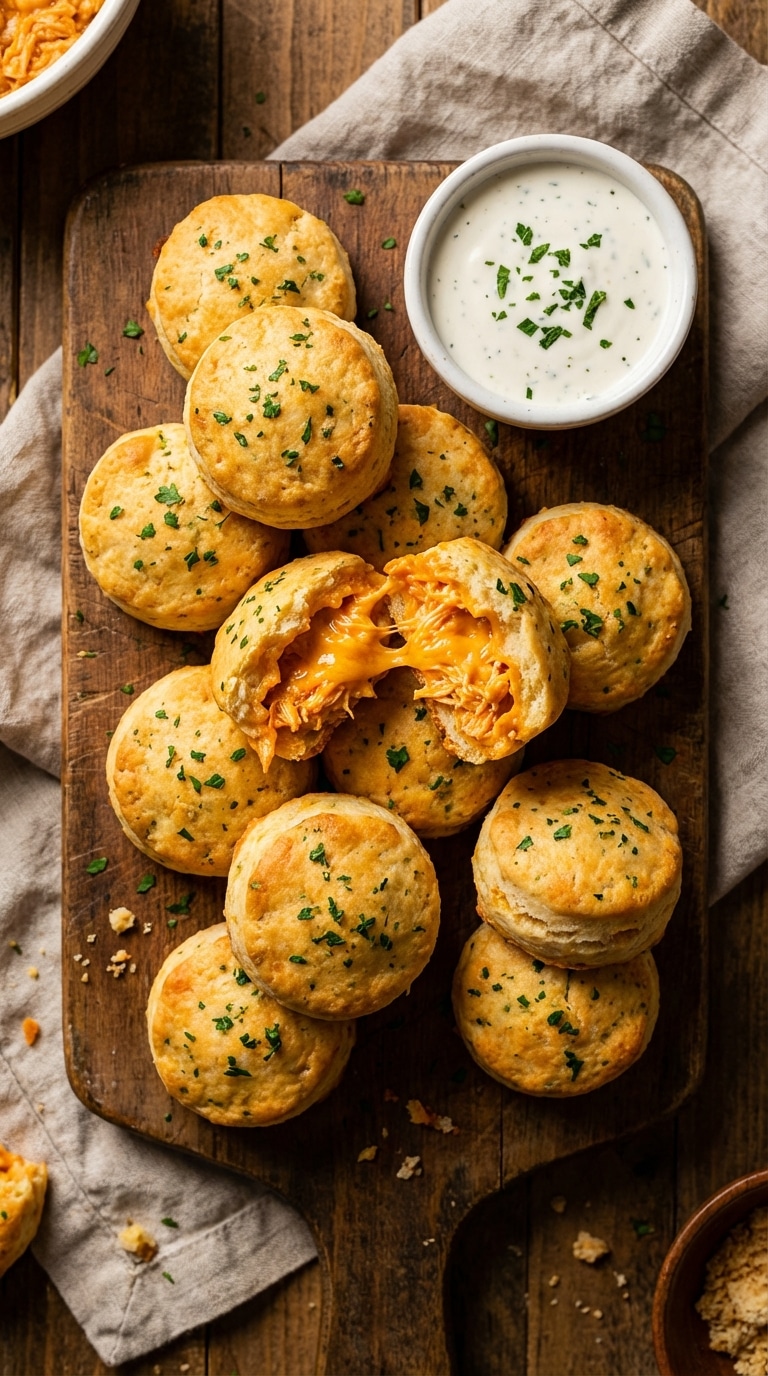 A wooden board filled with golden-brown baked buffalo chicken dough balls brushed with herb butter, with one broken open to show the cheesy orange filling.