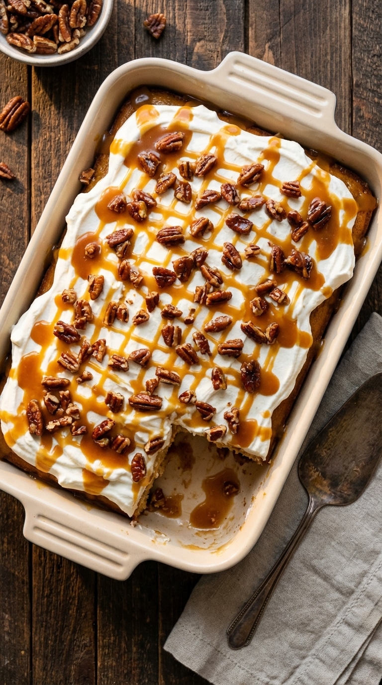 A 9x13 baking dish of butter pecan cake topped with whipped cream, caramel drizzle, and candied pecans, with one slice missing.