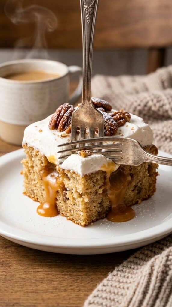 A close-up of a fork cutting into a slice of poke cake, with caramel oozing out of the cake's holes, topped with pecans.