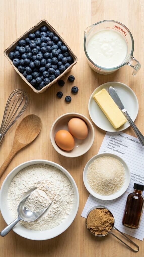 A flat lay showing fresh blueberries in a basket, buttermilk, butter, eggs, flour, and coarse sugar on a wooden board.
