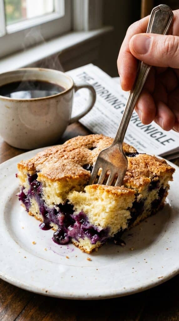 A close-up of a fork cutting into a slice of tender blueberry cake, showing the moist crumb and jammy berries, with a coffee mug in the background.