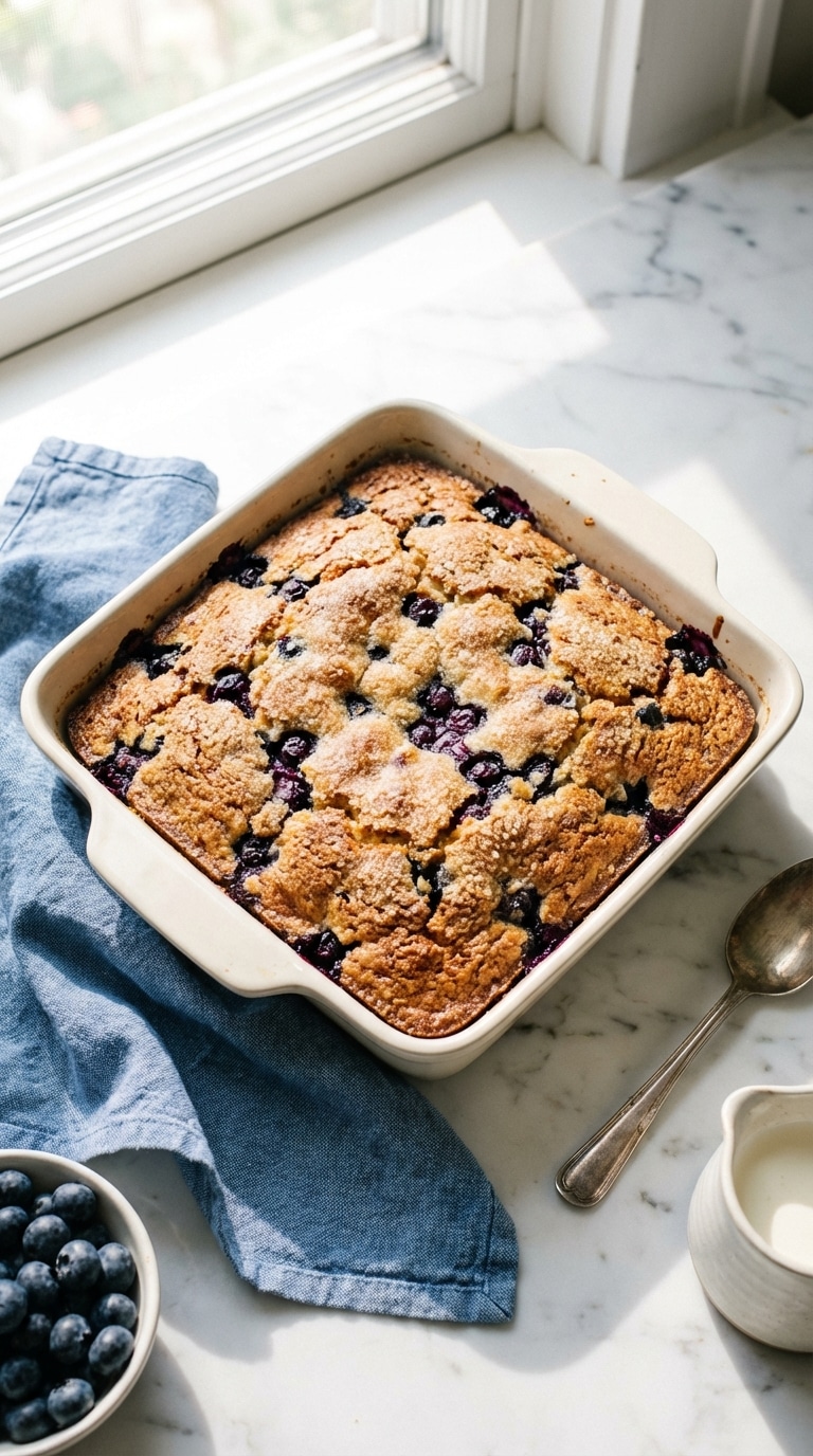 A top-down view of a freshly baked blueberry breakfast cake in a ceramic pan with a golden sugar crust and bursting berries.