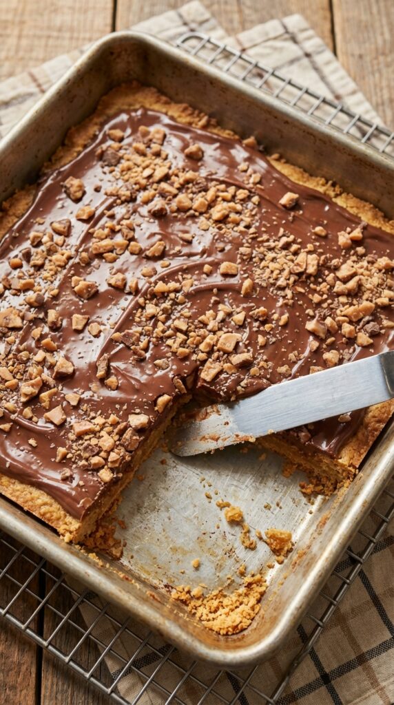 An angled view looking into a metal baking pan filled with baked golden toffee bars covered in melted chocolate and crunchy toffee bits, with a spatula lifting a corner piece.