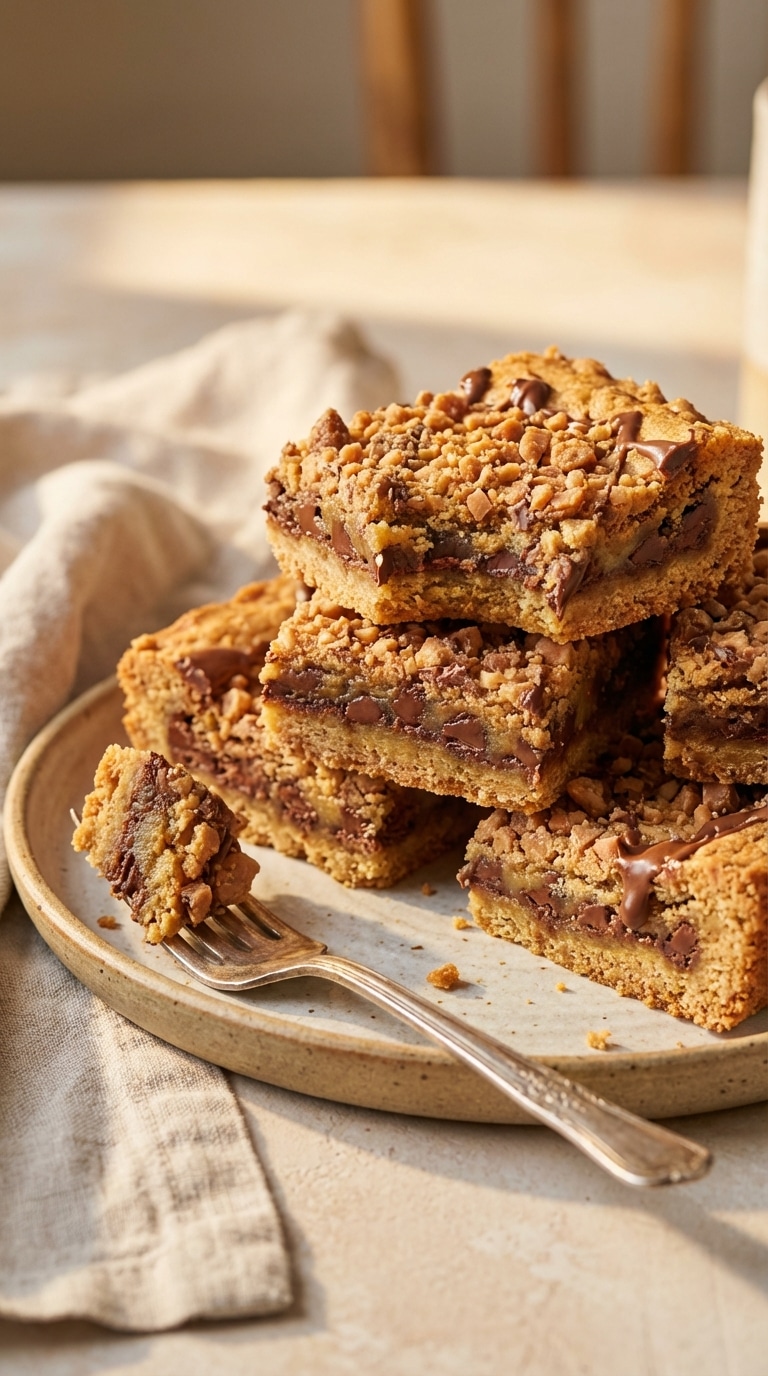 A close-up view of golden toffee bars stacked on a plate, topped with melted chocolate and crunchy toffee bits, showing the buttery crumb base.