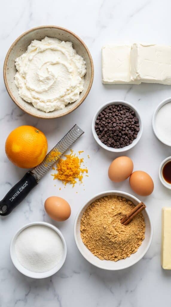 A flat lay showing ricotta cheese, cream cheese, mini chocolate chips, an orange with zest, eggs, and graham cracker crumbs on a marble board.A flat lay showing ricotta cheese, cream cheese, mini chocolate chips, an orange with zest, eggs, and graham cracker crumbs on a marble board.