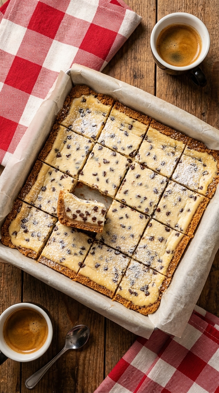 A square baking pan filled with sliced cannoli cheesecake bars dotted with mini chocolate chips and dusted with powdered sugar, sitting next to an espresso.
