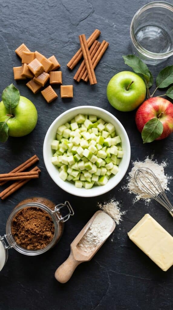A flat lay showing diced green apples, soft caramel squares, cinnamon sticks, brown sugar, butter, and flour on a slate board.