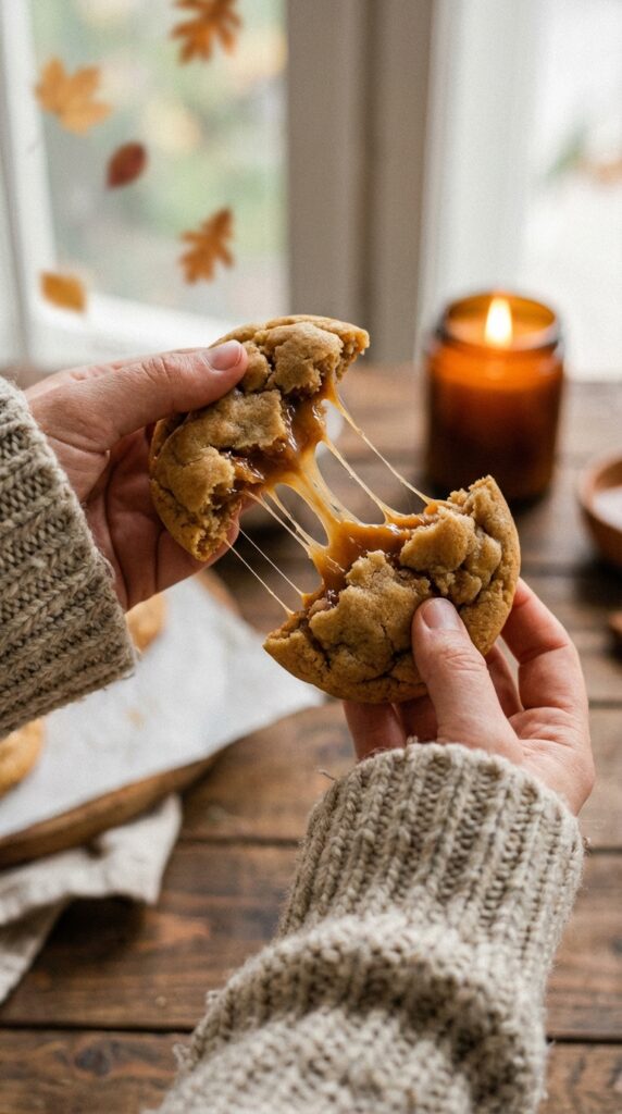 Two hands in a chunky knit sweater breaking apart a warm caramel-stuffed apple cookie.