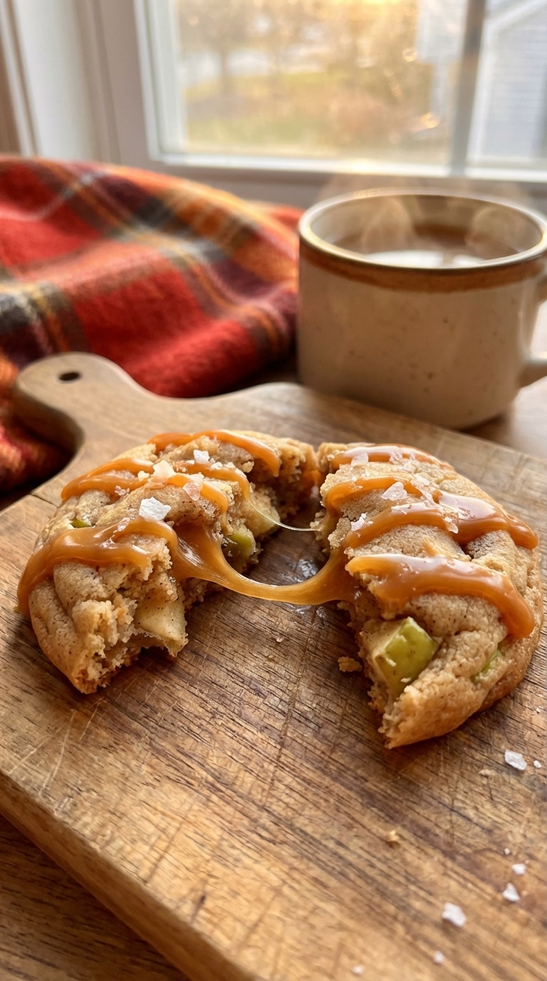 A close-up of a spiced apple cookie broken in half with a gooey caramel center stretching between the pieces, topped with sea salt.