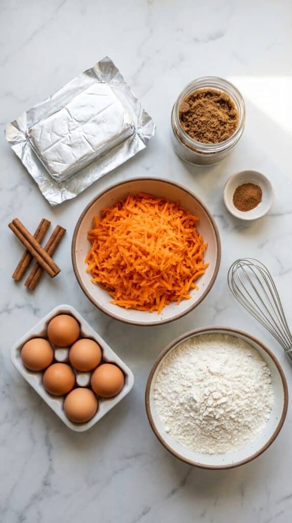 A flat lay showing grated carrots, cream cheese, brown sugar, eggs, flour, and cinnamon sticks on a marble board.