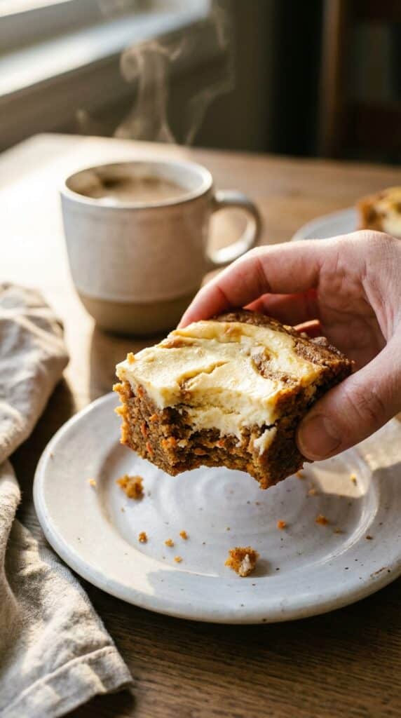 A close-up of a hand holding a swirled carrot cake bar with a bite taken out, showing the moist interior, with coffee in the background.