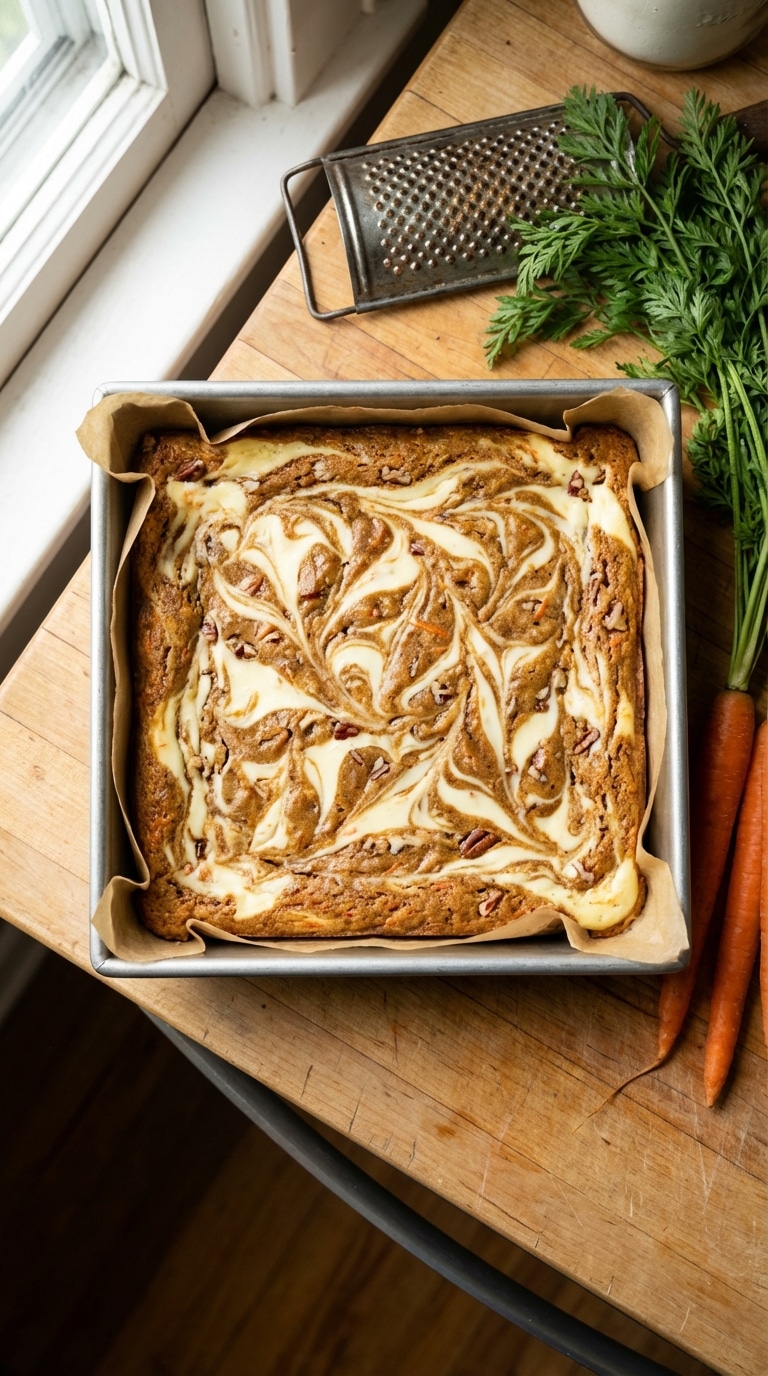 A square baking pan filled with baked carrot cake bars featuring a white cheesecake swirl, sitting on a wooden counter next to fresh carrots.