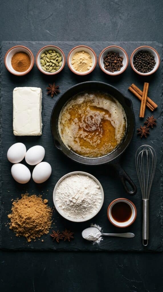 A flat lay showing various chai spices, cream cheese, a skillet of browned butter, eggs, and brown sugar on a dark slate board.
