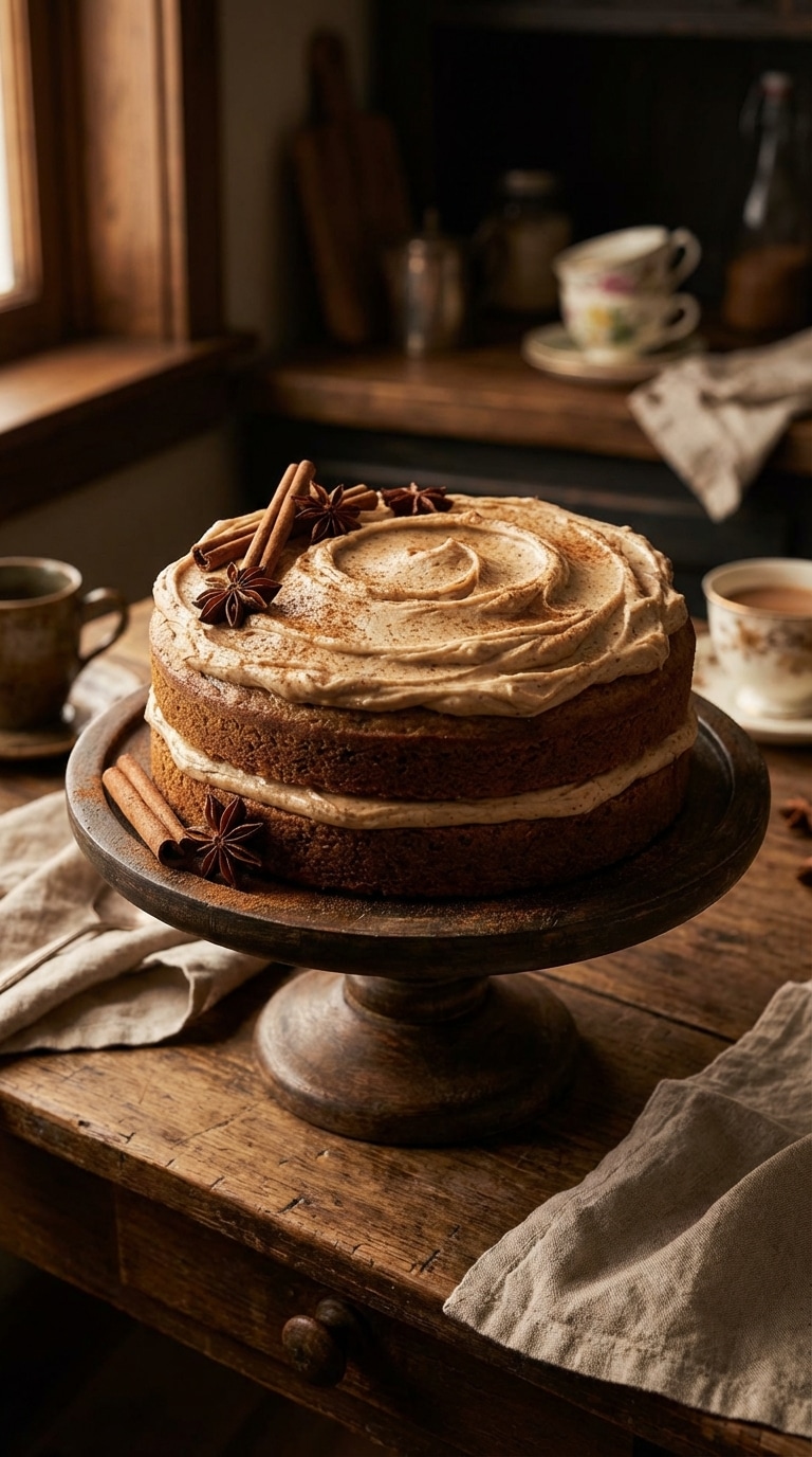 A whole two-layer spiced chai cake frosted with swoopy brown butter cream cheese frosting and garnished with star anise.