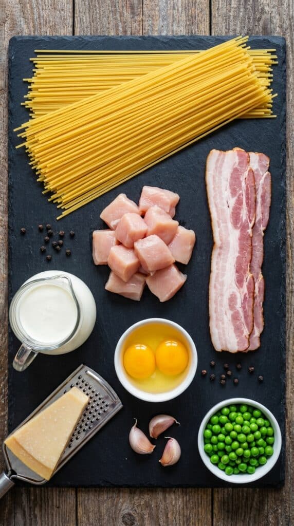 A flat lay showing dry spaghetti, raw chicken, bacon, heavy cream, parmesan cheese, egg yolks, and green peas on a slate board.
