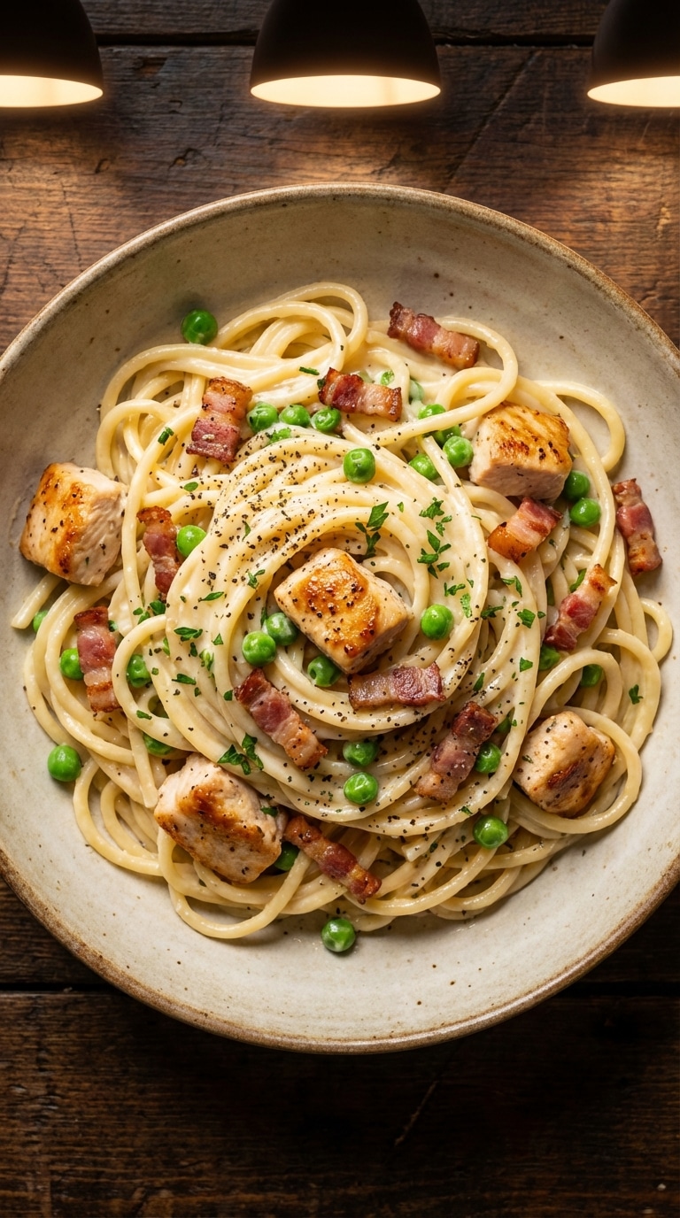 A top-down view of a large bowl of spaghetti in a creamy white sauce with chicken, bacon, and green peas.