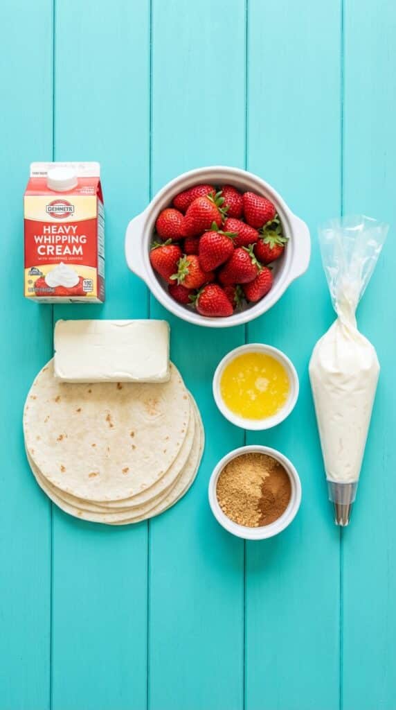 A flat lay showing flour tortillas, cream cheese, heavy cream, fresh strawberries, butter, and graham cracker crumbs on a turquoise board.