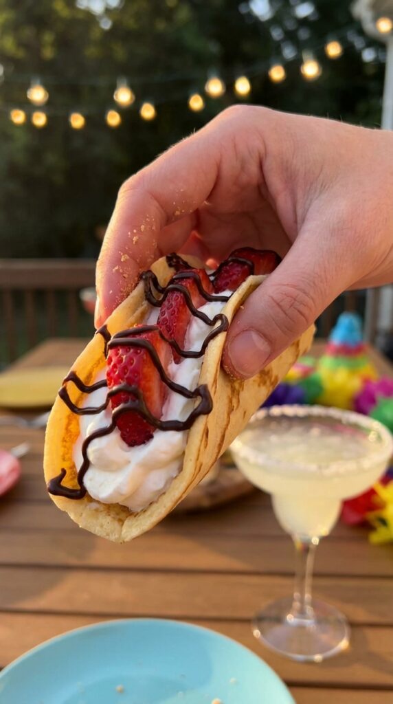 A close-up of a hand holding a loaded strawberry cheesecake taco with a party setting in the blurred background.