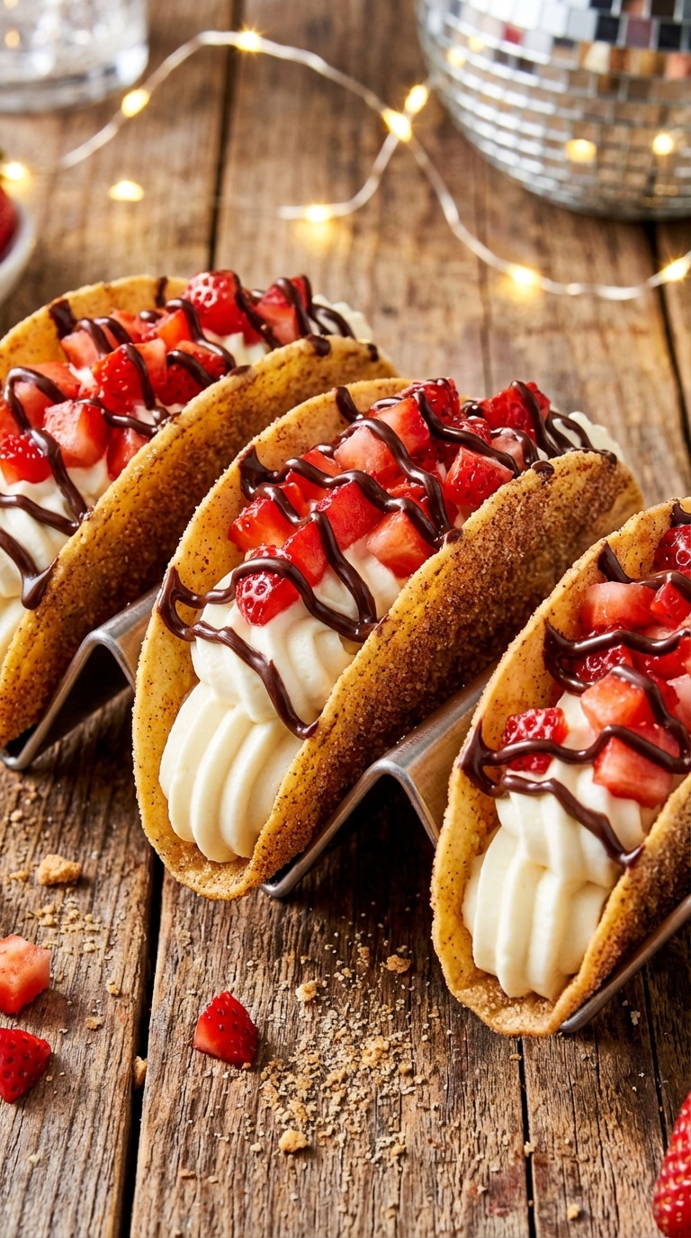 Three dessert tacos in a holder, featuring cinnamon-sugar shells filled with white cheesecake, topped with diced strawberries and a chocolate drizzle.